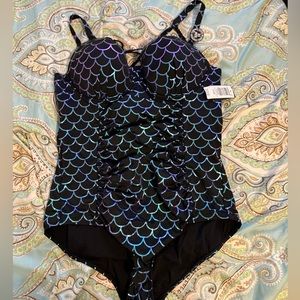 Torrid Black and Purple Mermaid Scale One-Piece Swimsuit